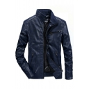 Fancy Leather Jacket Stand Collar Zip Fly Side Pocket Lon-Sleeved Regular Fit Leather Jacket for Men