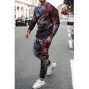 Guy's Stylish Set Starry Printed Round Collar Long Sleeves T-Shirt with Mid Rise Pants Regular Set