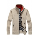 Modern Cardigan Plain Checked Lined Detailed Stand Collar Fit Long Sleeves Zipper Cardigan for Men
