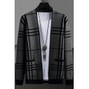 Chic Mens Cardigan Plaid Pattern Open Front Ribbed Trim Regular Fit Long-Sleeved Knit Cardigan
