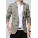 Trendy Mens Jacket Suit Plaid Print Long Sleeves Single Button Slim Fitted Suit with Pockets