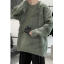 Original Guy's Sweater Pure Color Ripped Designed Long Sleeve Round Neck Loose Fitted Pullover Sweater