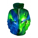 Fashionable Mens Hoodie 3D Wolf Pattern Drawstring Kanga Pocket Long Sleeve Loose Fit Hoodie