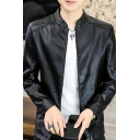 Basic Men's Leather Jacket Pure Color Stand Collar Zip Fly Long Sleeves Leather Jacket