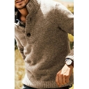 Men Modern Sweater Solid Button Designed Long Sleeves Stand Neck Relaxed Pullover Sweater