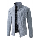 Trendy Guys Cardigan Plain Cable Knit Detailed Long Sleeves Slim Stand Collar Zip Fly Cardigan