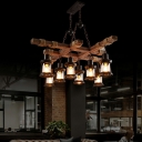 Wooden Industrial Chandelier 8-Light Distressed in Black Iron Chandelier with Bottle Shade