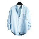 Basic Men's Shirt Solid Color Stand Collar Button Up Long Sleeves Regular Fit Shirt
