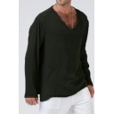 Retro T-Shirt Solid Color V-Neck Long Sleeve Relaxed Fit T-Shirt for Men