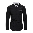 Leisure Shirt Contrast Line Print Point Collar Button down Long Sleeves Fitted Shirt for Men