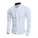 Guys Slouch Shirt Contrast Color Trim Button Placket Stand Collar Slim Fit Long Sleeve Shirt