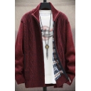Guy's Classic Cardigan Pure Color Cable Knit Fitted Long-Sleeved Stand Collar Zip Down Cardigan