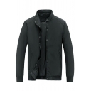Boyish Jacket Whole Colored Pocket Long Sleeve Stand Collar Regular Fitted Zip Fly Jacket for Guys