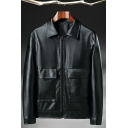 Boy's Fashionable Jacket Plain Flap Pocket Spread Collar Long Sleeves Regular Leather Jacket