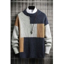 Fashionable Men's Sweater Color Block Crew Neck Long Sleeves Loose Fitted Pullover Sweater