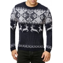 Men Comfy Sweater Elk Printed Crew Neck Long Sleeves Slimming Sweater