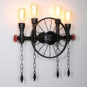Industrial Style Wheel Pipe Shaped Wall Lamp Metal 4 Light Wall Light in Black for Restaurant