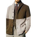 Men Cozy Cardigan Color Block Collar Button Fly Long-sleeved Loose Fit Cardigan