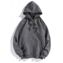Simple Cardigan Solid Color Hooded Drawcord Zip Fly Pocket Long-sleeved Loose Cardigan for Guys