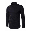 Retro Plain Shirt Turn Down Collar Applique Button Slim Cut Long-Sleeved Shirt for Men