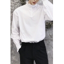 Cool Guy's Shirt Button Closure Pure Color Long Sleeve Stand Collar Fitted Shirt