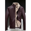 Men Creative Leather Jacket Plain Stand Collar Full Zipper Long Sleeves Slim Fitted Leather Jacket