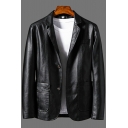 Guy's Creative Jacket Pure Color Pocket Lapel Collar Long-Sleeved Relaxed Fitted PU Jacket