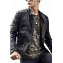 Casual Mens Leather Jacket Solid Color Long Sleeve Stand Collar Zip Placket Leather Jacket with Pockets
