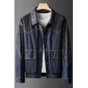 Mens Urban Color Block Jacket Spread Collar Single Breasted Pockets Detail Fitted Denim Jacket