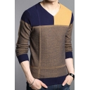 Cool Sweater Color-Block V-Neck Rib Cuffs Long Sleeve Slim Fitted Sweater for Men