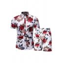 Trendy Mens Set Turn-Down Collar Short Sleeve Floral Print Shirts Drawstring Shorts Sport Co-ords