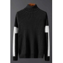 Comfortable Men's Sweater Contrast Color Long-Sleeved High Neck Loose Fit Sweater