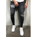 Men Modern Denim Pants Checkerboard Print Zip Fly Distressed Slim Fit Denim Pants