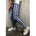 Chic Men's Jeans Contrast Striped Hem Zip Up Ankle Length Slim Fit Denim Jeans