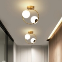 2 Lights Globe Flush Ceiling Light Simple Style Opal Glass Ceiling Lamp in White with  Metallic Ring