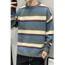 Basic Men's Sweater Stripe Printed Round Neck Long Sleeve Regular Fit Pullover Sweater
