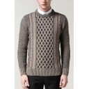 Mens Retro Knitwear Plain Cable Knit Detailed Long Sleeve Crew Collar Regular Pullover Sweater