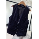 Boyish Guys Vest Stripe Pattern Pocket Detailed V-Neck Button Up Suit Vest