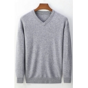 Leisure Men's Sweater V-Neck Solid Color Long Sleeve Slim-Fitted Pullover Sweater