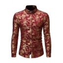 Unique Guys Shirt Gold Flower Print Button Closure Turn-Down Fitted Long Sleeves Shirt