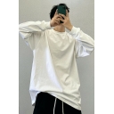 Stylish T-Shirt Solid Color Round Neck Long Sleeve Loose Fit T-Shirt for Men