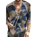 Stylish Mens T-Shirt Ethnic Pattern Lace-up Half Sleeves Loose Fit T-Shirt