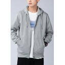 Basic Mens Hoodie Solid Color Long-Sleeved Zip Placket Loose Fitted Hoodie with Pocket