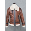 Casual Guys Jacket Contrast Color Spread Collar Long-Sleeved Relaxed Zipper Leather Jacket
