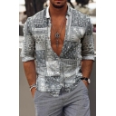 Men Street Style Shirt Scarf Printed Turn-down Collar Long Sleeves Slimming Button Placket Shirt