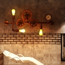 Industrial Style Wheel Pipe Shaped Wall Lamp Metal 3 Light Wall Light in Rust for Restaurant