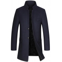 Simple Mens Woolen Coat Pure Color Single Braest Long Sleeve Stand Collar Fitted Woolen Coat