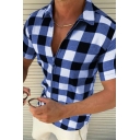 Guys Creative T Shirt Contrast Color Plaid Print Zip Placket Turn-Down Collar Slim Long Sleeve Shirt