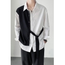 Fashionable Shirt Color Block Point Collar Button Closure Long-Sleeved Relaxed Shirt for Men