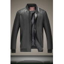 Men Chic Leather Jacket Solid Color Stand Collar Full Zipper Pocket Detailed Long-Sleeved Slim Leather Jacket